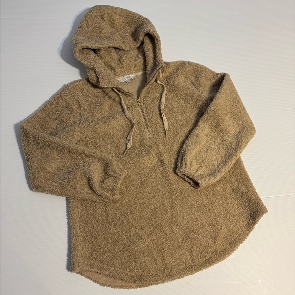 LOFT Cozy Tan Sherpa Teddy Hoodie Quarter Zip Fleece Sweater Neutral Gorpcore M